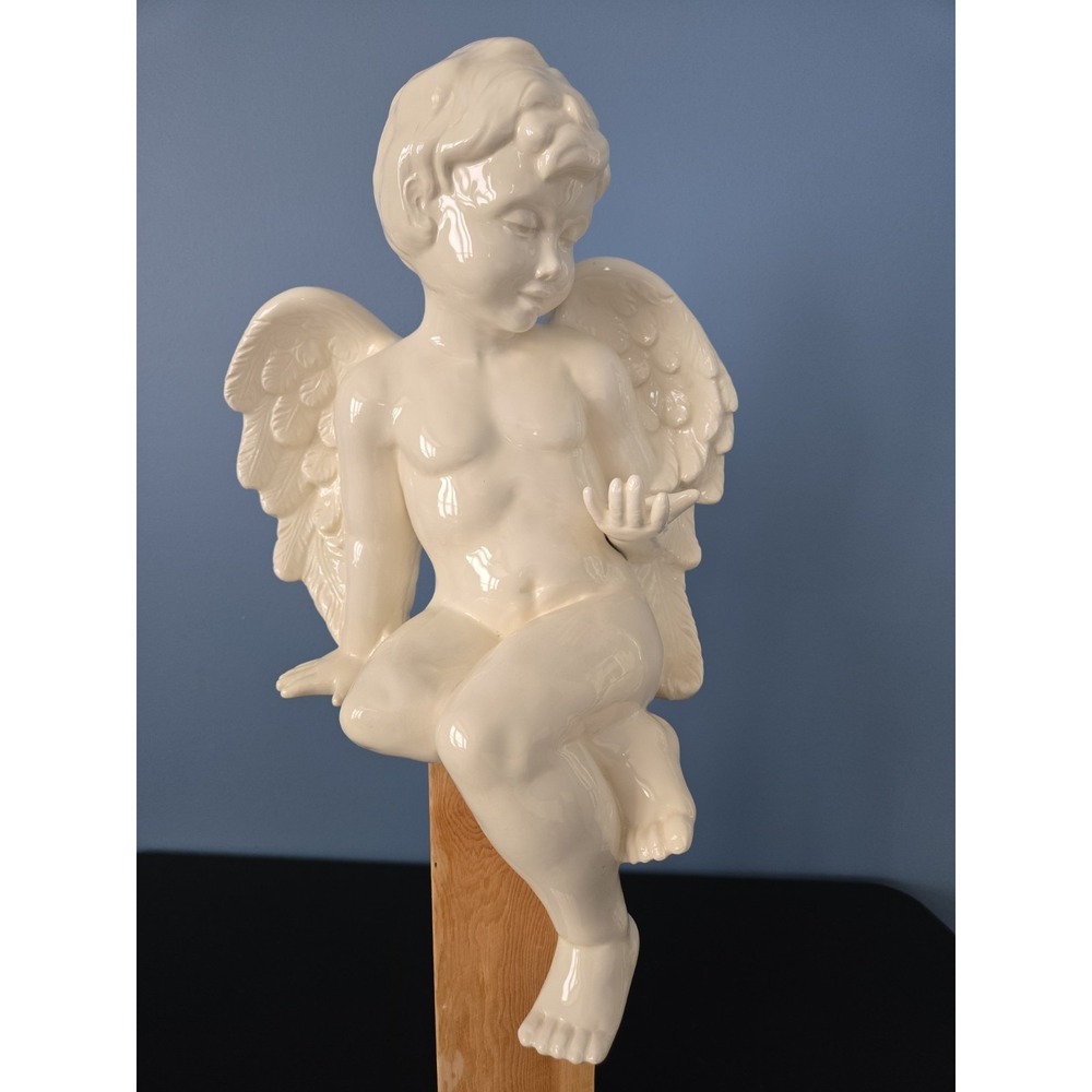 Vtg Seated Shelfseater‎ Angel Cherub Statue sculpture White Porcelain 18" Marked